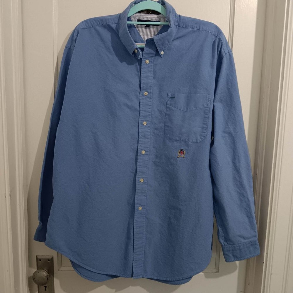 TOMMY HILFIGER BLUE BUTTON DOWN DRESS SHIRT - MEN'S SIZE XL - SEE MEASUREMENTS